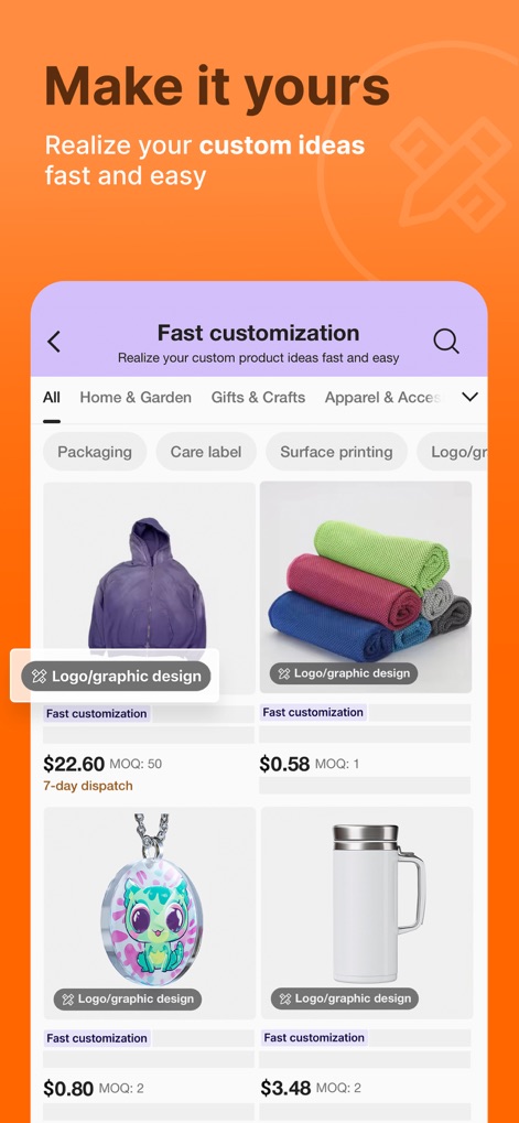 Alibaba.com - Users can realize custom ideas with "Fast customization" services, indicated by product listings featuring "Logo/graphic design" options.