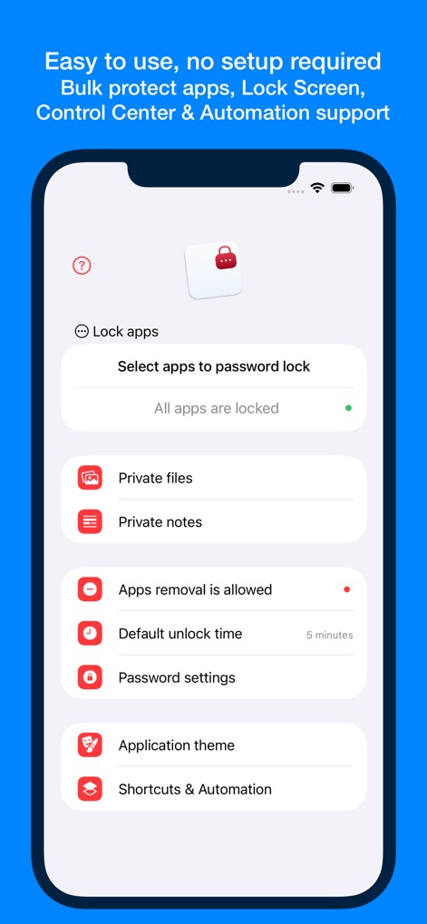 AppLocker • Passcode lock apps - Questo pannello di controllo offre una panoramica delle impostazioni principali, inclusa la gestione delle "Private files" e il supporto per "Shortcuts & Automation".