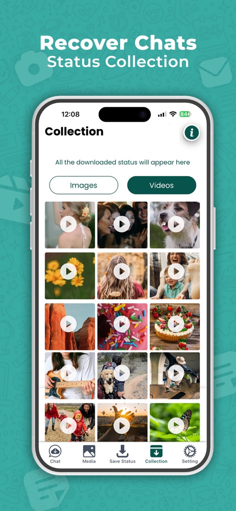 WAMR Recover Deleted Messages - The "Collection" feature categorizes saved statuses into distinct "Images" and "Videos" tabs, providing an organized gallery for all downloaded media.