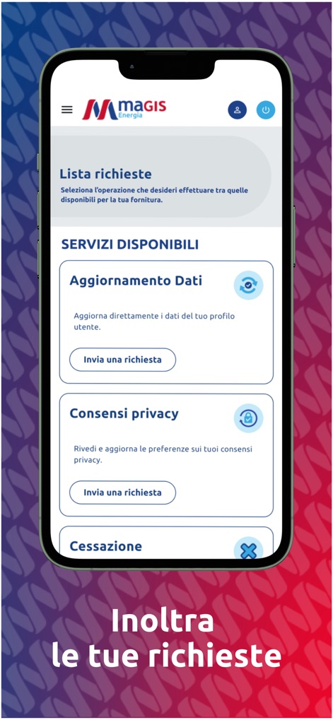 Magis Energia - Esta sección facilita la gestión de solicitudes, presentando la sección 'Servizi Disponibili' donde los usuarios encuentran opciones directas para el 'Aggiornamento Dati' (actualización de datos) y la gestión de 'Consensi privacy' (consentimientos de privacidad).