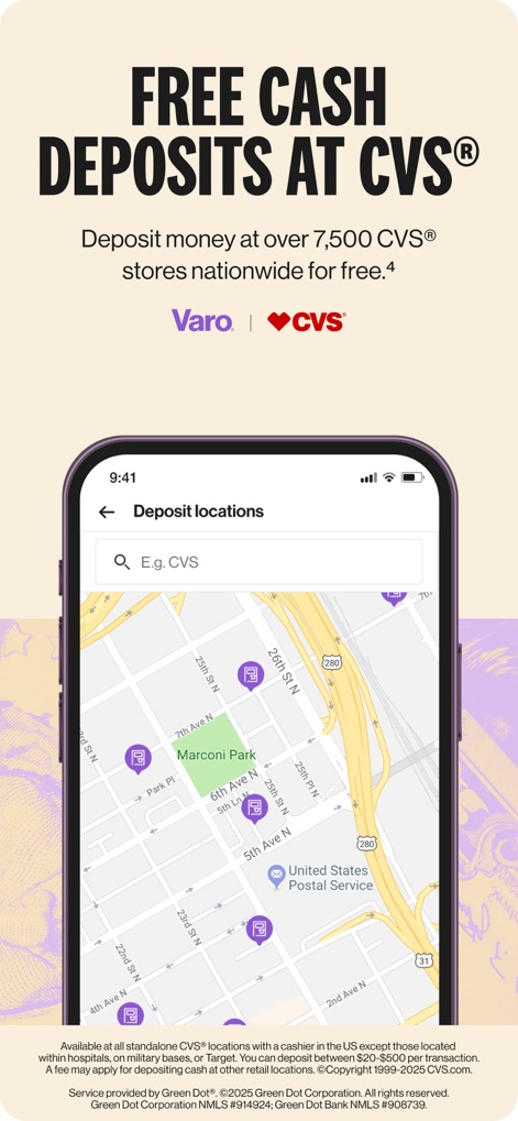 Varo Bank: Online Banking - Explore the app's map interface for easily locating deposit points and the integrated search bar to find CVS® stores.