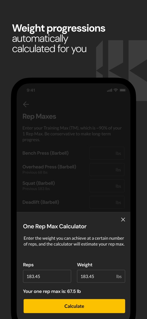 Boostcamp: Workout Programs - Gli utenti possono facilmente gestire i propri massimali attraverso l'interfaccia dedicata per inserire i massimali per esercizi chiave, supportata dal calcolatore del massimale che stima la forza massima con precisione.