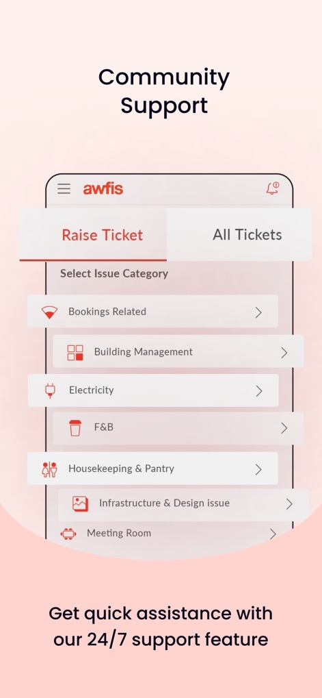 Awfis Coworking - Die App bietet über den 'Raise Ticket' Reiter eine klare Übersicht zur Problembehebung, wobei Nutzer aus einer Liste spezifischer Kategorien wie 'Bookings Related' oder 'Electricity' wählen können, um schnell Hilfe zu erhalten.