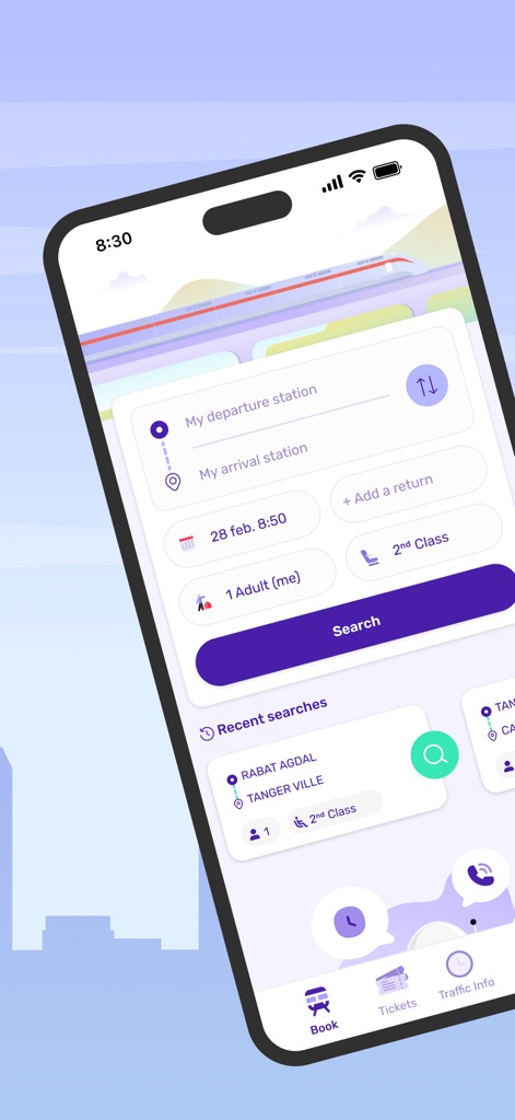 ONCF Voyages - L'application permet aux utilisateurs de planifier aisément leur voyage grâce à des champs de saisie intuitifs pour la gare de départ et d'arrivée, et affiche l'historique des recherches récentes pour un accès rapide.