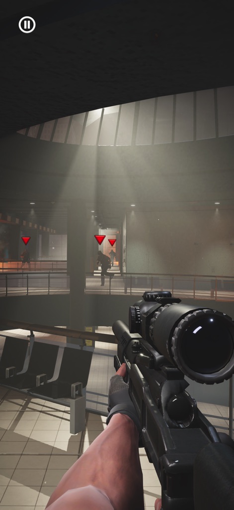 Sniper Agent: Offline Shooter - The app presents modern interior battlegrounds, featuring dramatic light rays and multi-level combat opportunities.