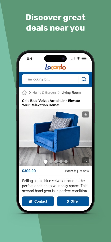 Locanto - Classifieds App - Esta captura destaca una página de producto con una descripción detallada del artículo, incluyendo precio y estado, y ofrece opciones claras para contactar al vendedor o hacer una oferta.