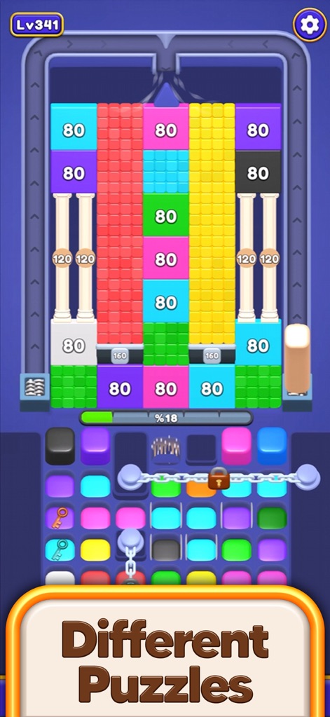 Bounce Blast 3D - Discover distinct puzzle layouts, including architectural pillars and interactive key-and-lock mechanisms, enriching the diverse block challenges.