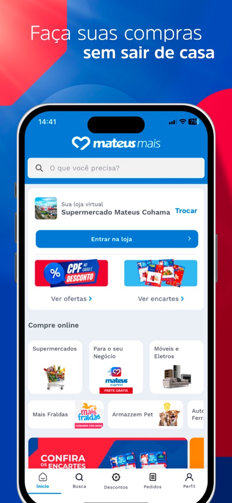 Mateus Mais - A tela inicial destaca uma barra de pesquisa intuitiva e diversas categorias de compras online, permitindo aos usuários explorar ofertas e produtos facilmente.