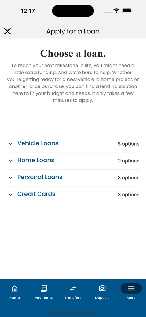 Lake Trust Mobile Banking - This tool organizes various loan application options, including 'Vehicle Loans' and 'Home Loans', into expandable sections with a clear count of available choices.
