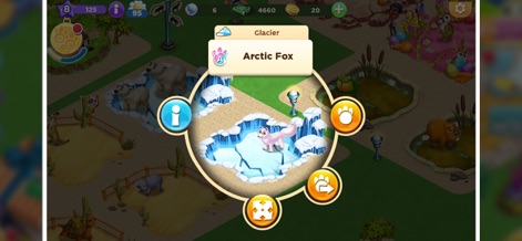 Zoo Craft - Animal Park Tycoon - Dieses Bild zeigt die Möglichkeit, artenspezifische Gehege wie den Gletscher für den Polarfuchs zu verwalten und detaillierte Tierinformationen über ein intuitives Menü abzurufen.