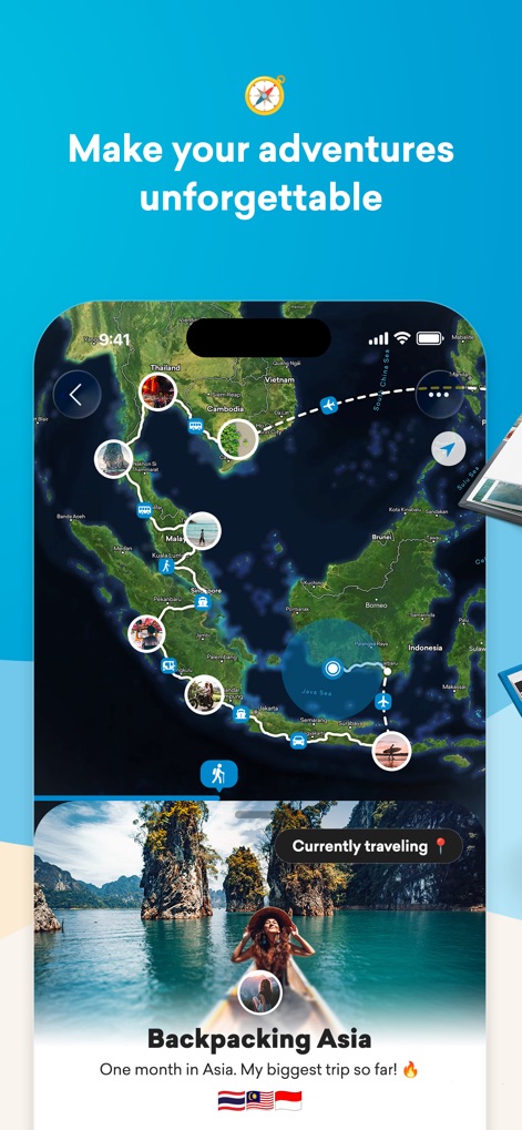 FindPenguins: Travel Tracker - The app demonstrates precise route tracking on a detailed regional map, integrating personal photos and real-time "Currently traveling" updates for an immersive experience.