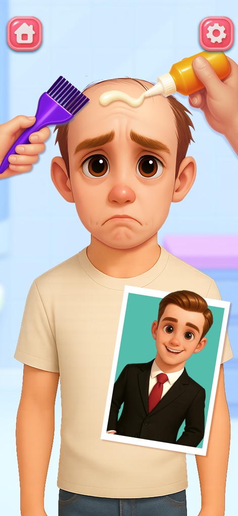 ASMR Makeover: Skincare Games - The app illustrates the process of hair treatment using various topical solutions and provides a compelling before-and-after photo of the client's transformation.