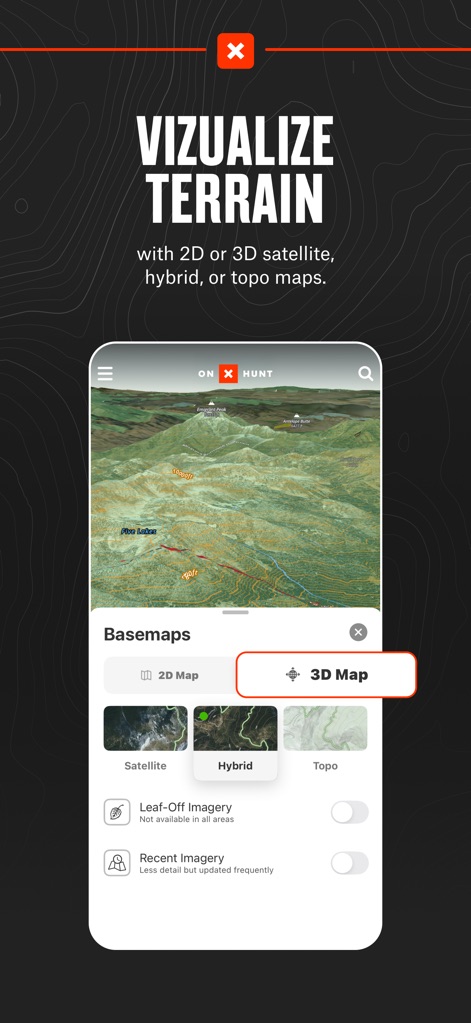 onX Hunt: GPS Hunting Maps - O aplicativo oferece visualização dinâmica do terreno em 3D, com opções de basemap como satélite e híbrido, para uma compreensão espacial aprimorada.