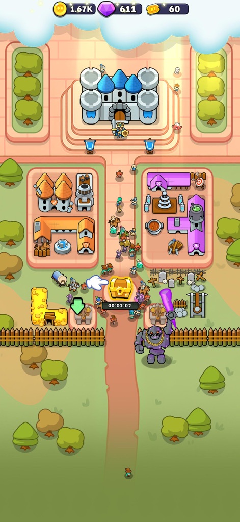 Fortress Merge - 이 화면은 성으로 진격하는 다양한 적 유닛들과 강력한 거대 보스의 모습을 담고 있으며, 긴박한 실시간 방어 전투의 순간을 보여줍니다.