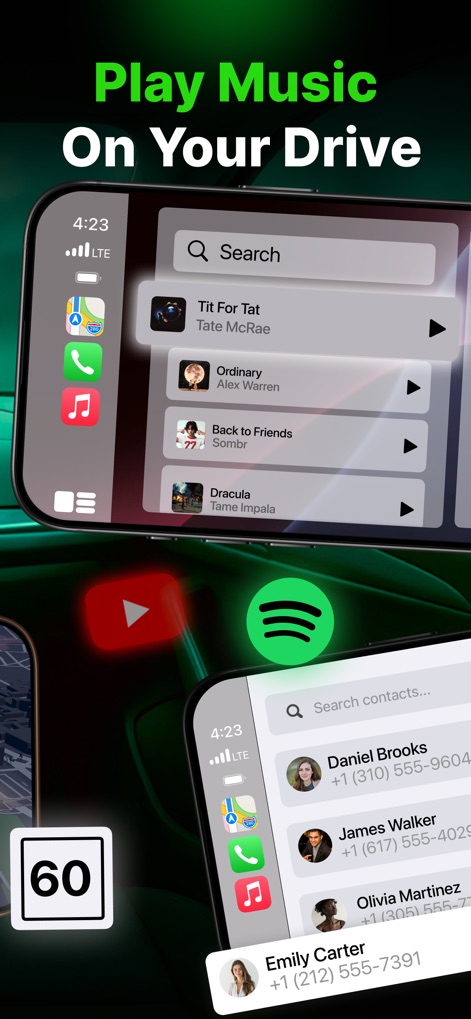 Car Play Connect: Sync My Auto - Explore the app's intuitive interface for music browsing and playback, featuring a comprehensive song list, while also showcasing quick access to contact management and seamless integration with popular streaming services.