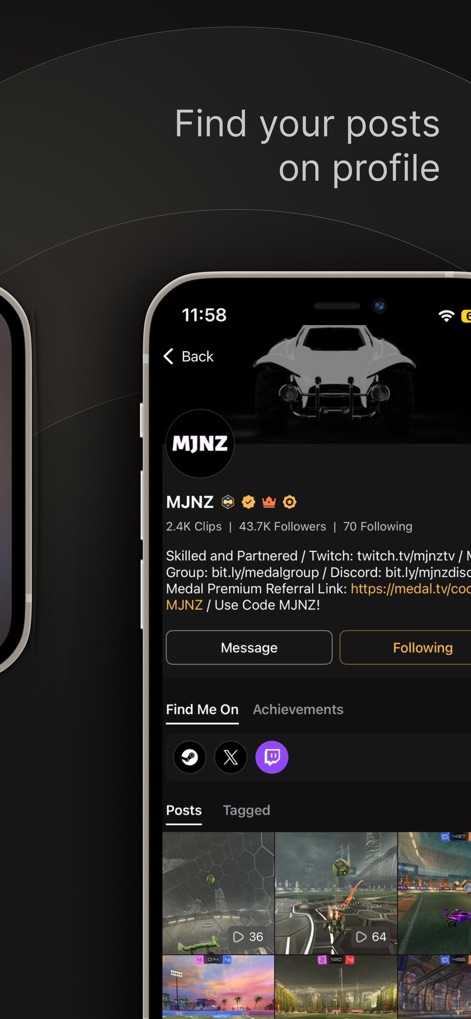 Medal - Game Clipping - The app features a dedicated user profile where gamers can showcase their uploaded clips and review detailed statistics like follower count.