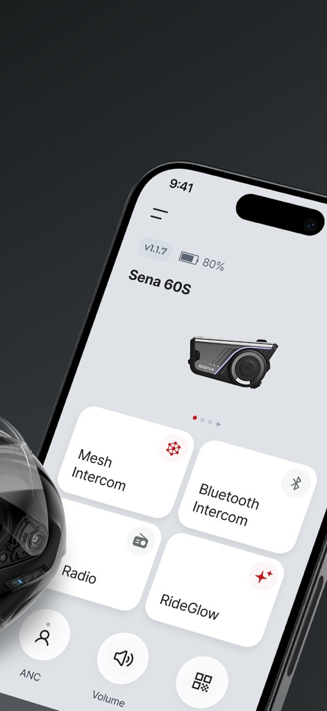 Sena Motorcycles - The app's main dashboard provides a clear overview of the connected 'Sena 60S' device and direct access to essential features like 'Mesh Intercom' and 'Bluetooth Intercom'.