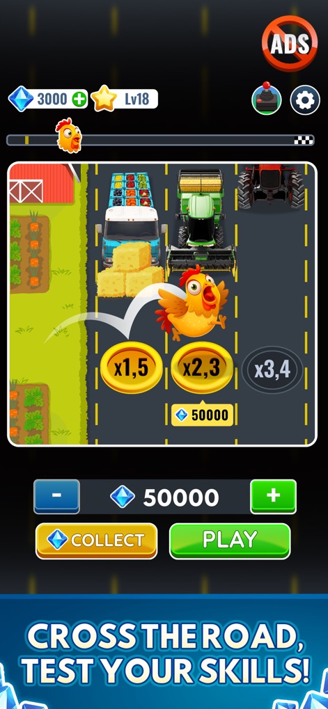 Chicken Cross 2 - Chicken Road - Esta captura muestra la dinámica de juego con el pollo realizando un salto animado sobre la carretera, mientras los fardos de heno se presentan como elementos interactivos a recolectar.