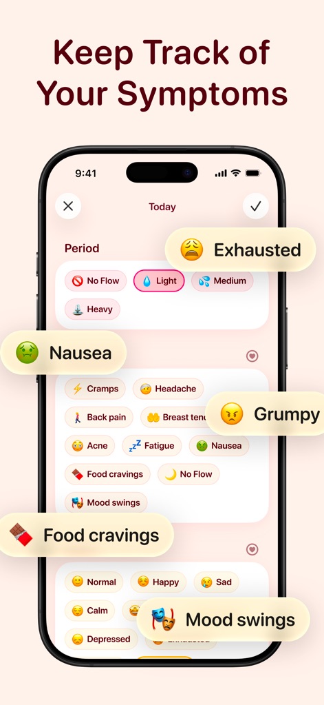 Ovi Cycle & Period Tracker - The app facilitates thorough personal tracking with a vibrant interface for logging detailed symptoms such as cramps and nausea, alongside a wide range of mood options.