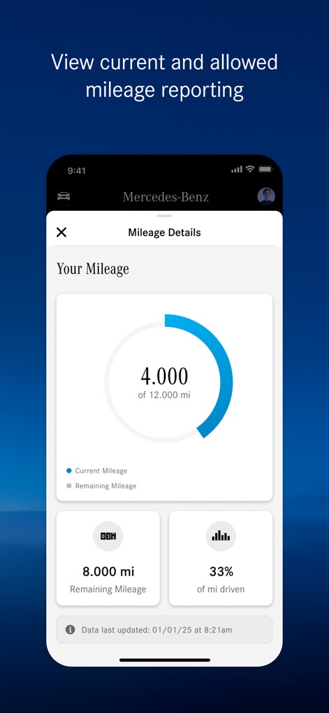 Mercedes-Benz Finance (USA/CA) - This tool offers an at-a-glance view of mileage details, presenting current mileage within a circular progress indicator and clearly showing remaining mileage figures.