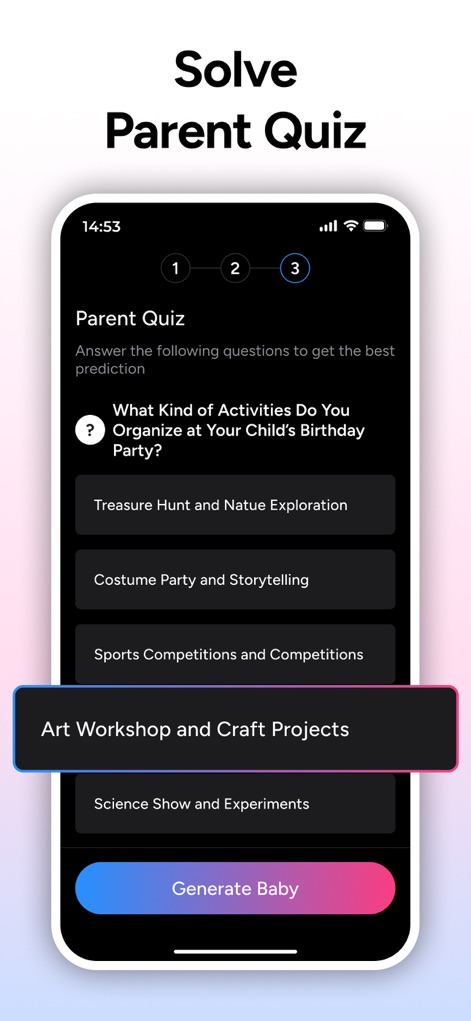 AI Baby Generator - TinyFaces - Engage with the interactive 'Parent Quiz' feature, answering questions about activities and progressing through clear step indicators to unlock fun insights.