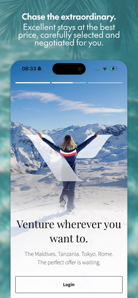 Voyage Prive: Holidays/Hotels - La pantalla de inicio de la aplicación invita a los usuarios a explorar destinos de lujo con una imagen impactante de un paisaje montañoso nevado y una clara llamada a la acción para iniciar sesión.