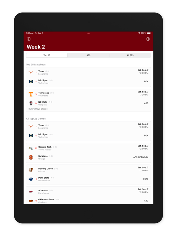 College Football 2025 iPad screenshot 2 - Sports app