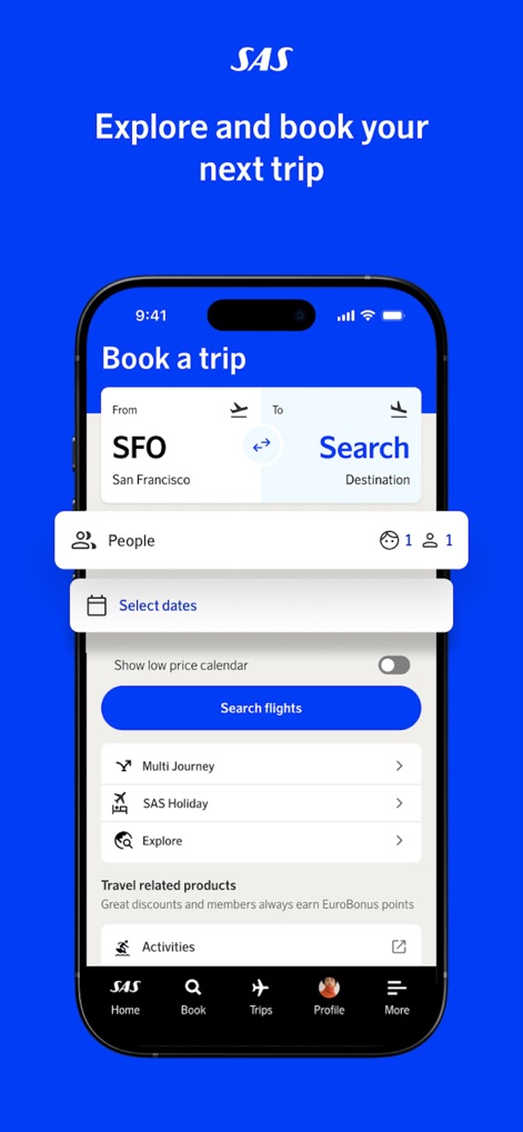 SAS – Scandinavian Airlines - This tool streamlines booking with clear fields for selecting "People" and "Select dates," alongside specialized options like "Multi Journey" for complex itineraries.