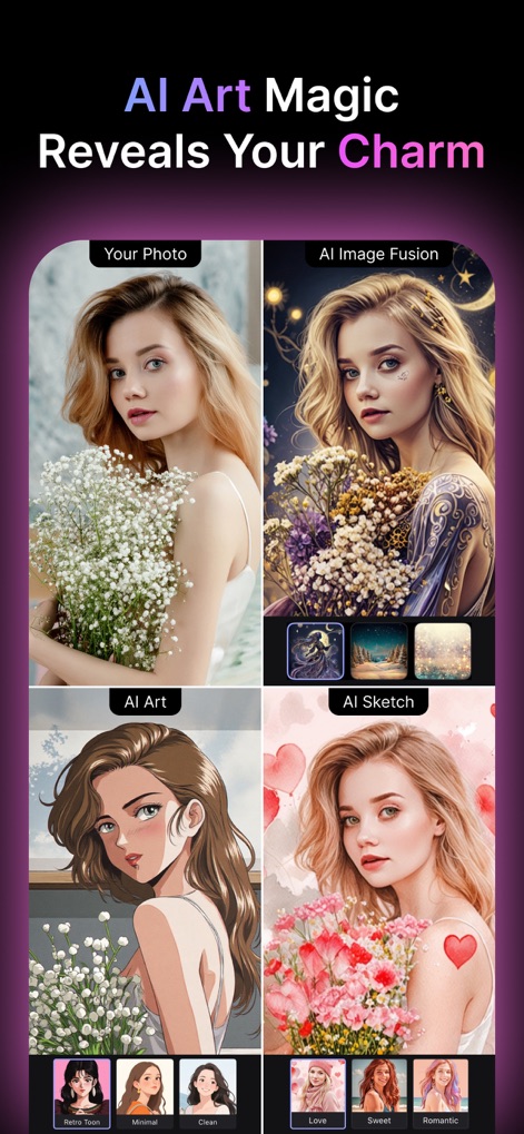 MyEdit: AI Photo Generator - A magia da IA revela o encanto do usuário através de múltiplas transformações, como a fusão de imagens para efeitos etéreos e a aplicação de estilos como 'AI Art' e 'AI Sketch'.