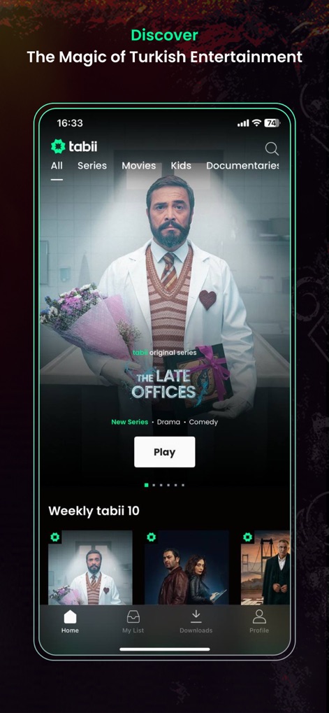 tabii - Nutzer können die Startseite der App erkunden, die eine Vorschau auf die Originalserie „The Late Offices“ zeigt und eine übersichtliche Navigationsleiste zur Kategorieauswahl bietet.
