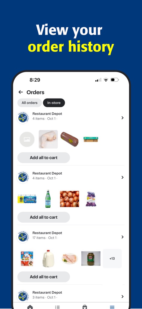 Restaurant Depot Mobile - Esta visão apresenta o histórico detalhado de compras, permitindo que os membros revisem pedidos anteriores e utilizem o recurso 'Adicionar tudo ao carrinho' para reposição eficiente.