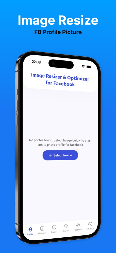 FSaver - Video, Story, Reels - La herramienta presenta una función dedicada para optimizar y redimensionar imágenes específicamente para los requisitos de Facebook, como se indica en la sección 'Image Resizer & Optimizer' con la opción de seleccionar una imagen.