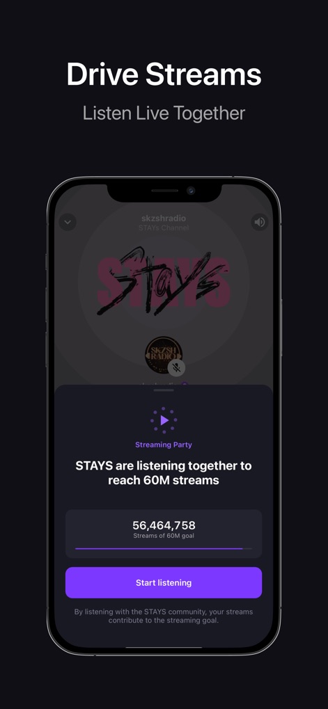 Stationhead - Witness real-time streaming parties where fans collectively drive streams towards a common goal, featuring a live count of streams and an intuitive 'Start listening' button.