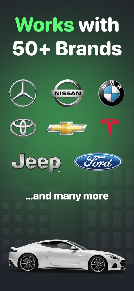 Car Play Connect - Auto Sync - Esta imagen subraya la amplia compatibilidad de la herramienta, funcionando con más de 50 marcas de coches reconocidas, e ilustrando algunos logotipos de fabricantes populares como Tesla y Ford.