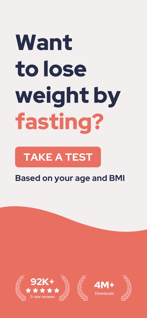 FastEasy: Intermittent Fasting - 이 앱은 '테스트 받기' 버튼과 '나이 및 BMI 기반' 문구를 통해 사용자에게 맞춤형 단식 여정을 제안하며, 하단에는 92K+ 5성급 리뷰와 4M+ 다운로드 수가 표시되어 앱의 인기를 보여줍니다.