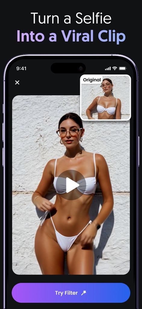 AI Video, Pic Generator・Filter - Dieses Tool verwandelt Selfies in virale Videoclips, dargestellt durch die Option „Original“ in der oberen Ecke und das großformatige Ergebnis im Hauptbildschirm.