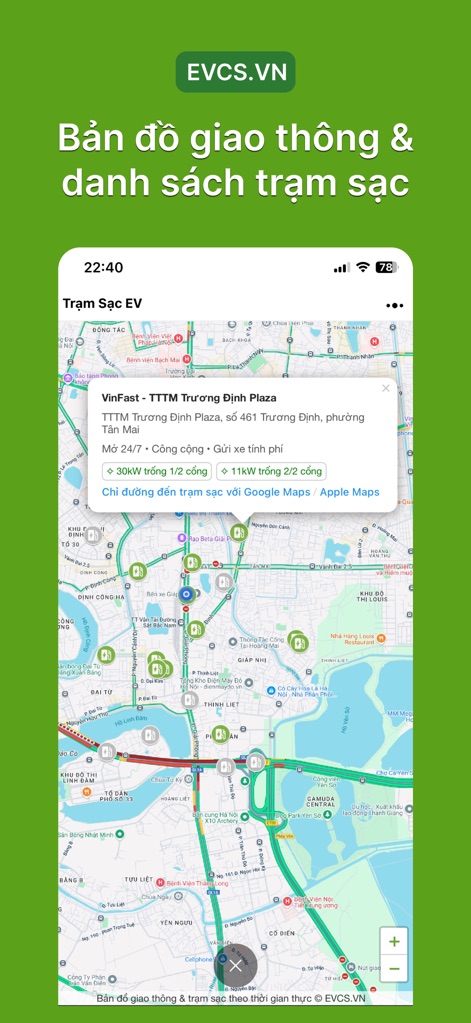 Trạm Sạc EV - This tool provides a combined view of real-time traffic conditions and nearby charging station locations, complete with quick-view station details.