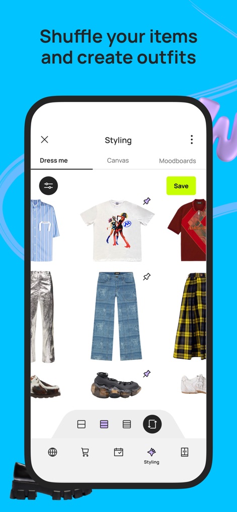 Whering: Your Digital Closet - 사용자는 다양한 의류 아이템을 활용하여 새로운 아웃핏을 손쉽게 만들 수 있습니다. 무작위 섞기 기능(X)과 아이템 선택 그리드(Y)를 통해 자신만의 스타일을 자유롭게 실험할 수 있습니다.