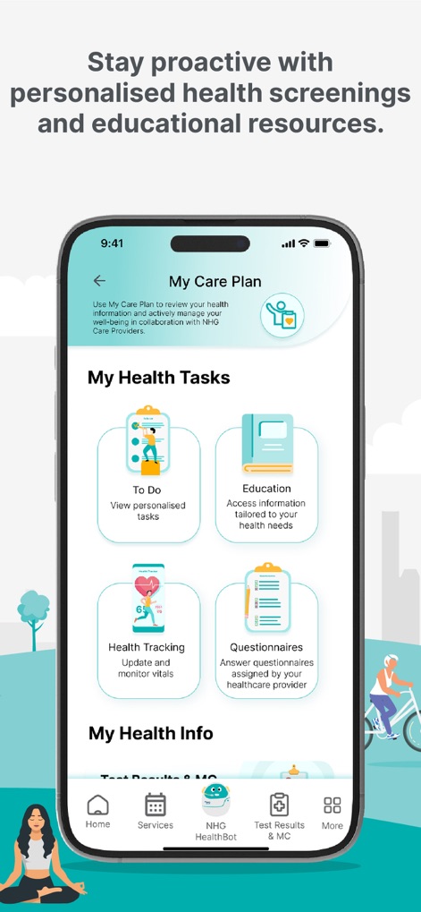 NHG Health - Users can manage their health through the 'My Health Tasks' section and access the 'Education' module for tailored health needs.