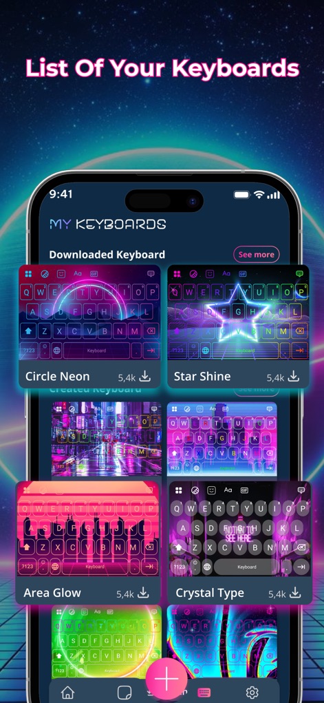 LED Keyboard - RGB Theme - Users can conveniently manage their personalized keyboard collection, featuring both downloaded themes and user-created custom designs.
