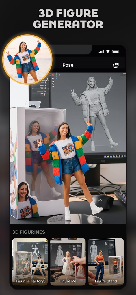 Pose: AI Photo Video Generator - Dieses Tool generiert 3D-Figuren aus Fotos, wobei eine Frau in leuchtender Jacke in einer digitalen Umgebung als physische Figur und als 3D-Modell dargestellt wird.