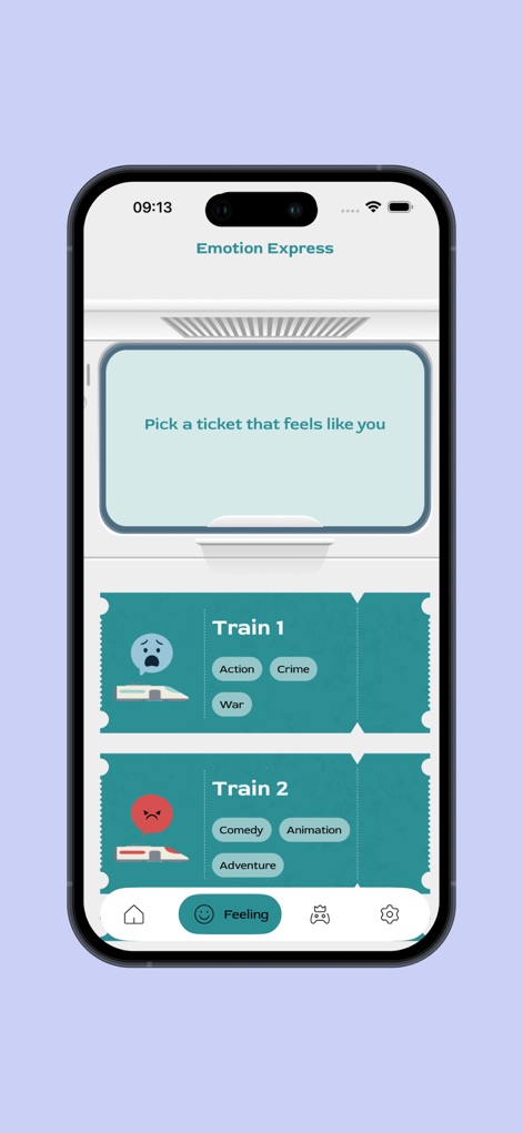 Comp Study - Cine Mood - La aplicación permite a los usuarios elegir un 'ticket' que refleje su estado de ánimo, asociando cada emoción a una lista predefinida de géneros como 'Acción' o 'Aventura' para una experiencia a medida.