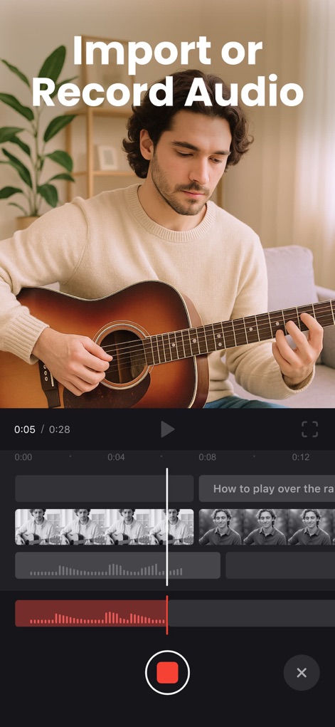 Clideo: Video Editor for Reels - Easily add your voice or custom sounds with the integrated audio recording feature, visualizing sound levels directly on the intuitive audio tracks.