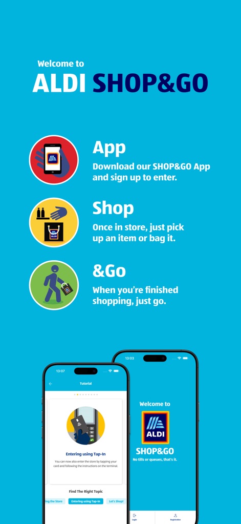 ALDI SHOP&GO - The app presents a clear, three-step guide to the checkout-free experience, alongside interactive tutorial screens demonstrating entry methods.