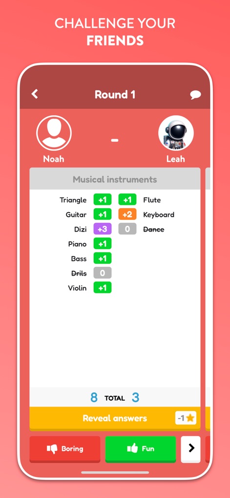 QuizUp - The Game - Witness the excitement of player-versus-player challenges in 'Round 1', where users like 'Noah' and 'Leah' compete to identify answers in categories such as 'Musical instruments'.
