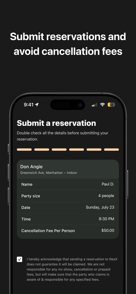 ResX - The app streamlines the process of submitting unwanted reservations by displaying clear fields for party size and cancellation fees, ensuring a smooth hand-off.