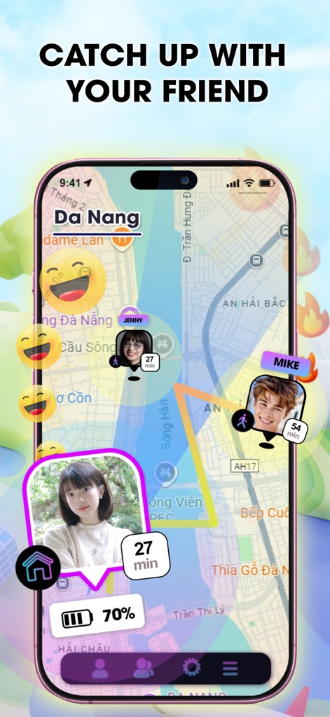 Zenly Share Location - Penlo - Users can easily locate friends on a detailed city map, viewing their current position and monitoring their device's battery status.