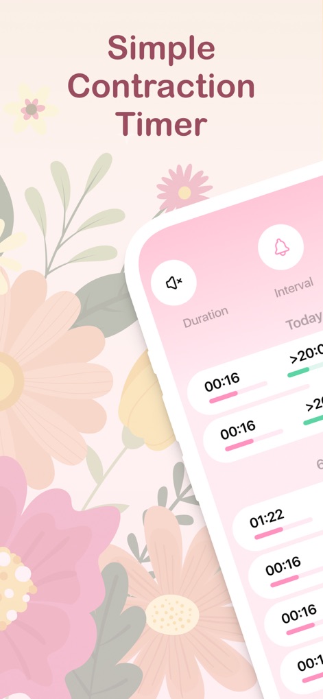 Contraction Timer +؜ - El diseño inclinado muestra la lista de registros de contracciones con duraciones y un botón de "Inicio", todo sobre un fondo con motivos florales.