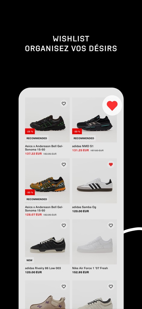 Footshop - Users can curate their desired items in a visually appealing wishlist, utilizing heart icons to mark and save their top picks.