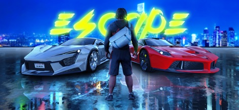PetrolHead : Street Racing - このスクリーンショットでは、ネオンの「ESCAPE」サインの下に立つキャラクターと、未来的なデザインの高級スポーツカー2台が強調されています。